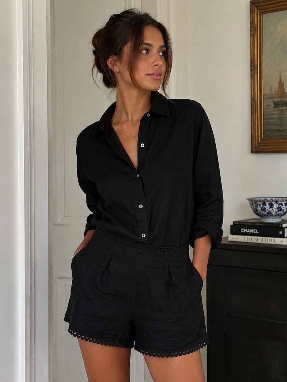 Express NWT Black Linen Blend Scallop Trim Tailored Shorts 12 Preppy Minimalist
